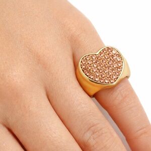 Statement gold plated signet heart ring paved pink crystals chunky pinky ring